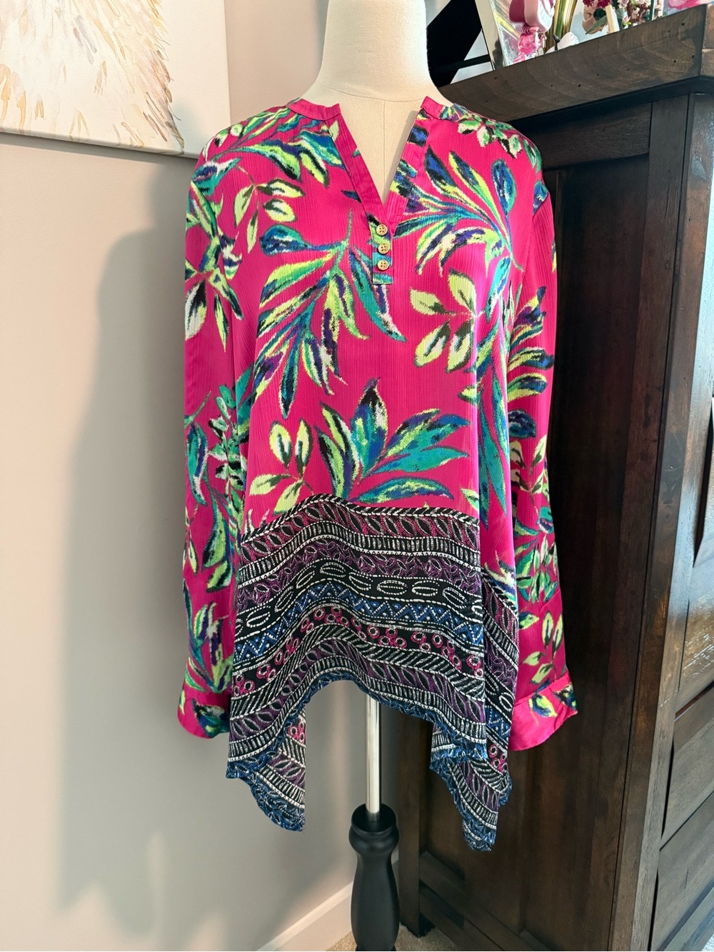 Rafaella Pink Tropical-Print Split Neck Tunic with Decorative Border- NWOT